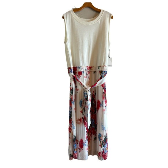 For Cynthia Cream & Floral Pleated Sleeveless Midi Tank Dress Lined NEW SZ 2X - Picture 1 of 11